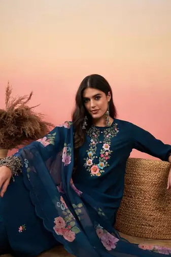 Blue viscosee chanderi fabric festive special readymade salwar kameez