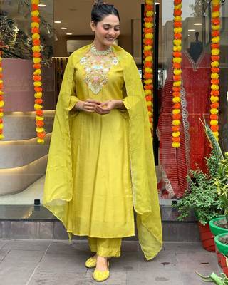 Lemon chanderi silk fabric festive special readymade salwar kameez 1