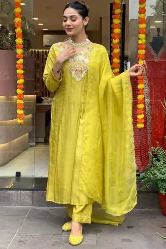 Lemon chanderi silk fabric festive special readymade salwar kameez