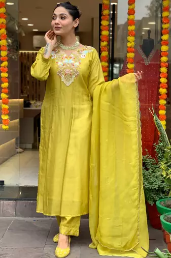 Lemon chanderi silk fabric festive special readymade salwar kameez