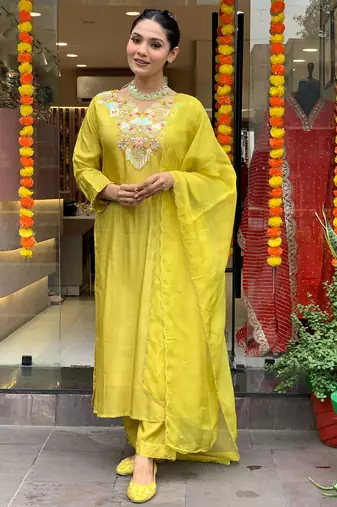 Lemon chanderi silk fabric festive special readymade salwar kameez