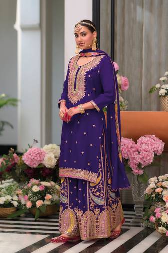 Purple embroidered chinon palazzo style salwar suit