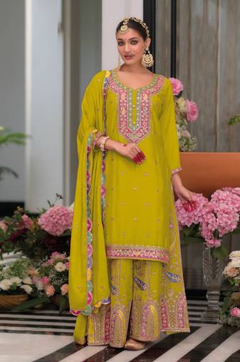 Green embroidered chino palazzo style salwar suit