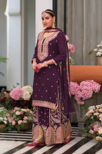 Wine embroidered chinon palazzo style salwar suit