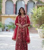 Maroon viscose fabric woven jacquard designer heavy sharara dress