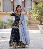 Blue heavy sequins embroidered georgette fabric sharara dress