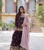 Wine heavy sequins embroidered georgette fabric sharara dress