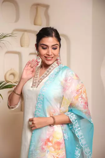 Off white p v chanderi fabric partywear salwar suit for girlie looks