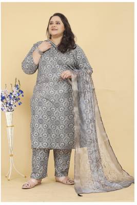 Grey lichi viscosee fabric beautiful printed plus size kurta set 1