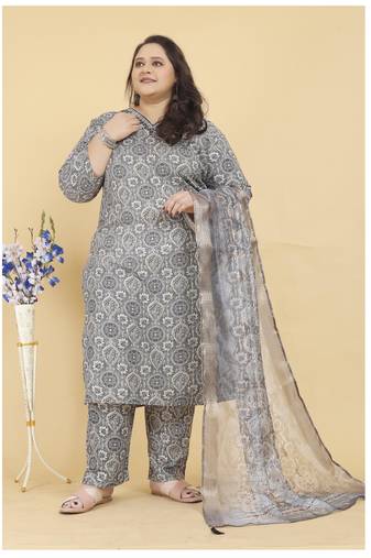 Grey lichi viscose fabric beautiful printed plus size kurta set