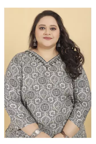 Grey lichi viscosee fabric beautiful printed plus size kurta set
