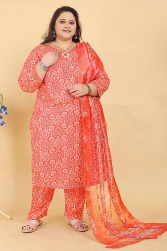 Orange lichi viscose fabric beautiful printed plus size kurta set