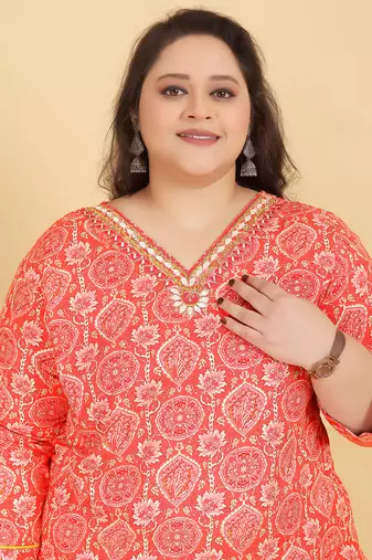 Orange lichi viscosee fabric beautiful printed plus size kurta set