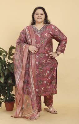 Pink lichi viscosee fabric beautiful printed plus size kurta set 1