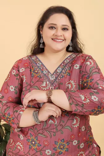 Pink lichi viscosee fabric beautiful printed plus size kurta set