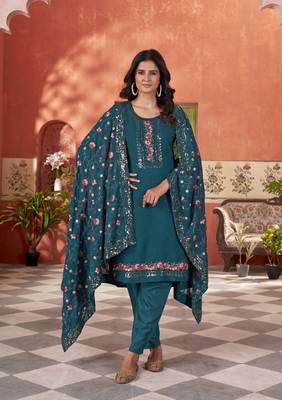 Teal blue smart and beautiful georgette fabric readymade salwar kameez 1