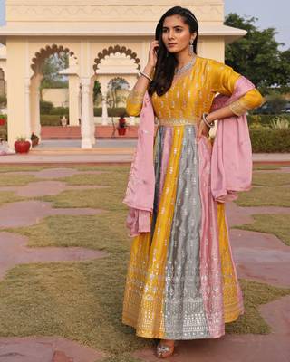 Mustard glamorous rangoli silk fabric sequence embroidery work heavy ceremonial attire 1