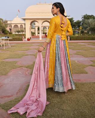 Mustard glamorous rangoli silk fabric sequence embroidery work heavy ceremonial attire 3