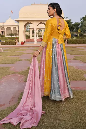 Mustard glamorous rangoli silk fabric sequence embroidery work heavy ceremonial attire