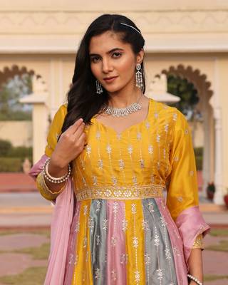 Mustard glamorous rangoli silk fabric sequence embroidery work heavy ceremonial attire 4