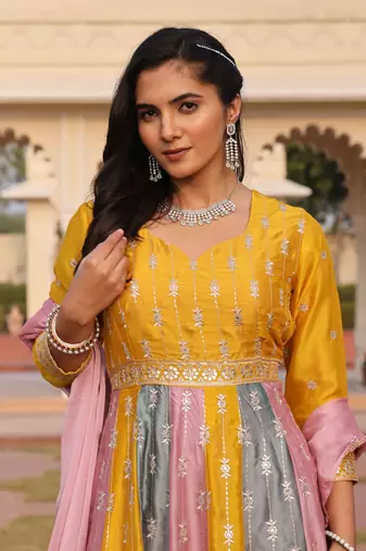 Mustard glamorous rangoli silk fabric sequence embroidery work heavy ceremonial attire