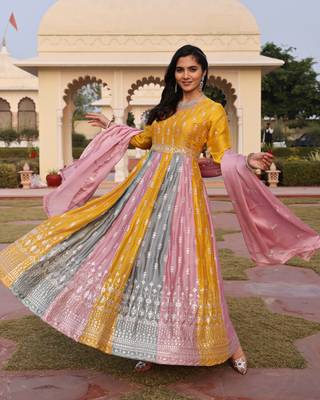Mustard glamorous rangoli silk fabric sequence embroidery work heavy ceremonial attire 5
