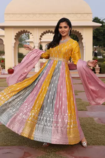 Mustard glamorous rangoli silk fabric sequence embroidery work heavy ceremonial attire