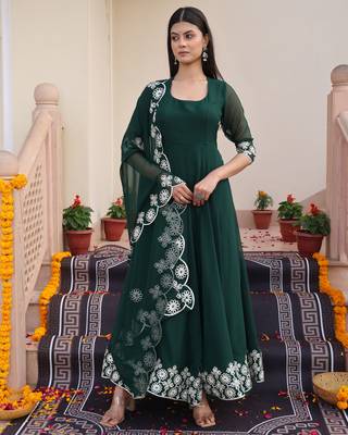 Green glamorous georgette fabric ribbon embroidery work heavy ceremonial attire 1