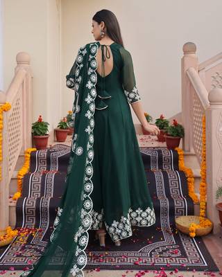 Green glamorous georgette fabric ribbon embroidery work heavy ceremonial attire 3