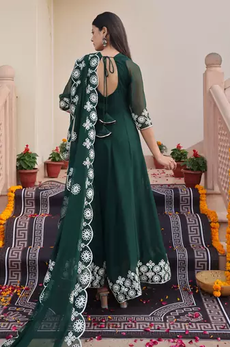 Green glamorous georgette fabric ribbon embroidery work heavy ceremonial attire