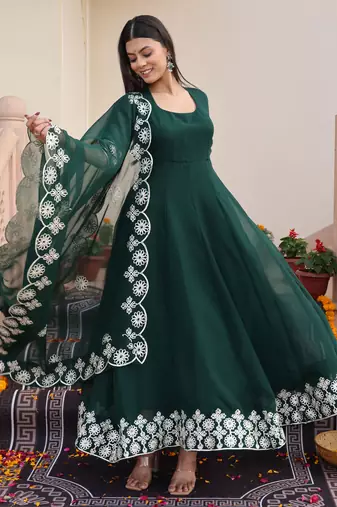 Green glamorous georgette fabric ribbon embroidery work heavy ceremonial attire