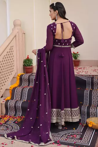 Purple glamorous georgette fabric sequence embroidery work heavy ceremonial attire