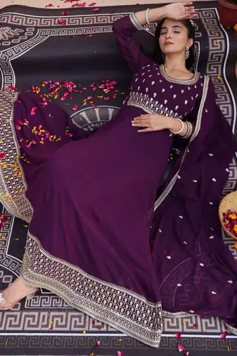 Purple glamorous georgette fabric sequence embroidery work heavy ceremonial attire