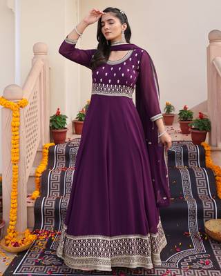 Purple glamorous georgette fabric sequence embroidery work heavy ceremonial attire 5