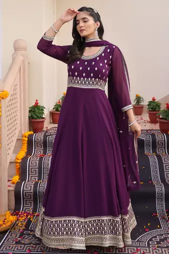 Purple glamorous georgette fabric sequence embroidery work heavy ceremonial attire