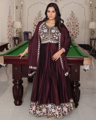 Coffee glamorous rangoli silk fabric embroidery work heavy ceremonial attire 1