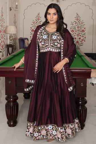 Coffee glamorous rangoli silk fabric embroidery work heavy ceremonial attire