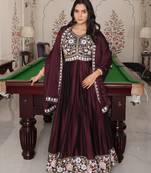 Coffee glamorous rangoli silk fabric embroidery work heavy ceremonial attire