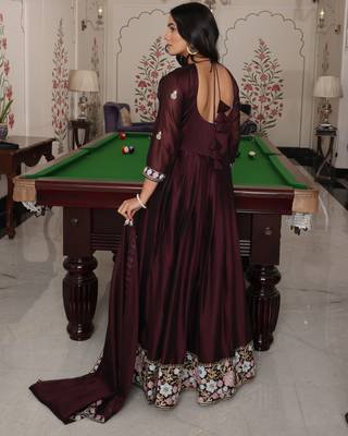 Coffee glamorous rangoli silk fabric embroidery work heavy ceremonial attire 3