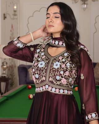 Coffee glamorous rangoli silk fabric embroidery work heavy ceremonial attire 4