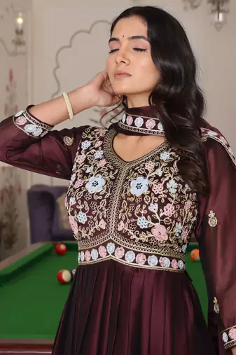 Coffee glamorous rangoli silk fabric embroidery work heavy ceremonial attire