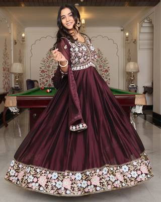 Coffee glamorous rangoli silk fabric embroidery work heavy ceremonial attire 5