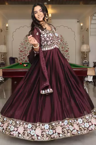 Coffee glamorous rangoli silk fabric embroidery work heavy ceremonial attire