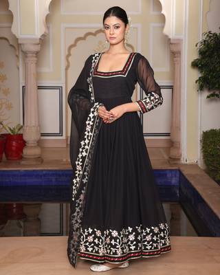 Black glamorous georgette fabric ribbon embroidery work heavy ceremonial attire 1