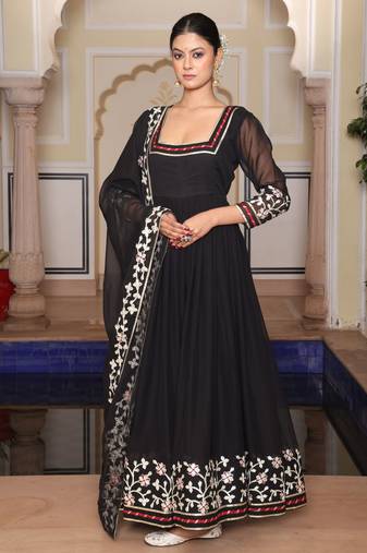 Black glamorous georgette fabric ribbon embroidery work heavy ceremonial attire