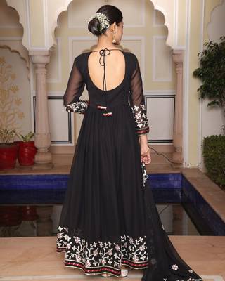 Black glamorous georgette fabric ribbon embroidery work heavy ceremonial attire 3