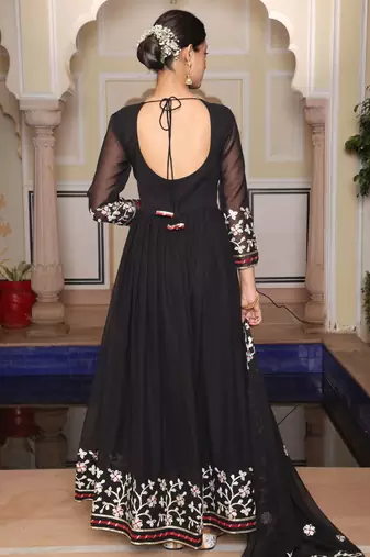Black glamorous georgette fabric ribbon embroidery work heavy ceremonial attire