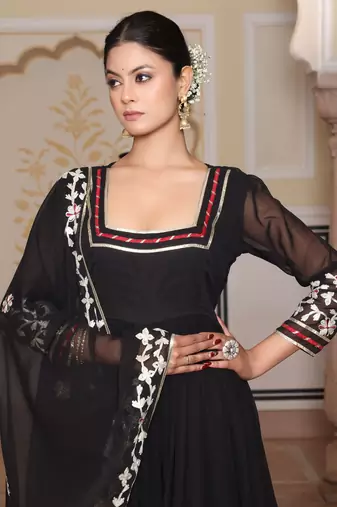 Black glamorous georgette fabric ribbon embroidery work heavy ceremonial attire