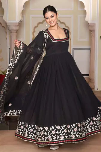 Black glamorous georgette fabric ribbon embroidery work heavy ceremonial attire