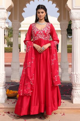 Pink glamorous rangoli silk fabric sequence embroidery work heavy ceremonial attire
